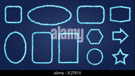 Zeichentrickrahmen. Winter Game Frozen Rahmen für Avatare, Kreis quadratisch rund oval Form Eisränder Kaltpfeil imitierte Pfeil Video Gaming ui User Frost Stock Vektor