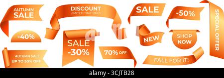 Verkaufsschilder für den Herbst. Herbst realistische Werbeband Ecken Aufkleber, Shop-Rabatt Bestpreis Store Promo Angebot Badges november Angebot rot orange Stock Vektor