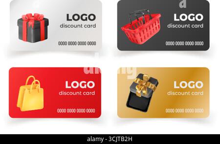 Realistische Rabattkarten. 3D-Gutschein, Bonuszertifikat Geschenkbox Shop Tasche Geschäft Belohnungskarte Rot Schwarz Silber Gold Gutscheine Set Luxus Regular c Stock Vektor