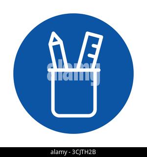 Ein minimalistisches Symbol mit Bleistift und Lineal in einer Tasse vor einem leuchtend blauen Hintergrund. Perfekt für Bildungs- und Kreativkontexte. Stock Vektor