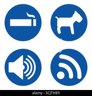 Sammlung von Symbolen mit Rauch-, Hund-, Ton- und Wireless-Symbolen. Klare visuelle Orientierung für Regeln und Sicherheit in öffentlichen Räumen, in einem Modus konzipiert Stock Vektor