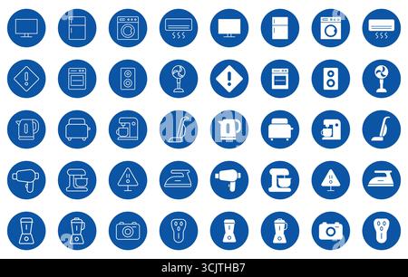 Eine Sammlung von Gerätesymbolen, die in einem Raster angeordnet sind und verschiedene Haushaltsgeräte in blauem kreisförmigem Design zeigen. Ideal für kreative Projekte und digi Stock Vektor