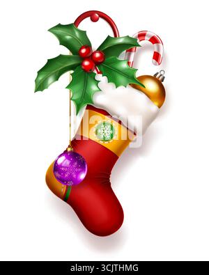 Ein leuchtend roter Weihnachtsstrumpf mit goldenem Band, Schneeflocken-Emblem und weißem Bündchen, gefüllt mit einem Zuckerrohr, goldenem Ornament und stechpalme Stock Vektor