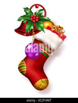 Ein leuchtend roter Weihnachtsstrumpf mit grünen und goldenen Mustern, gefüllt mit Geschenken, einem lila Ornament, goldenen Glocken und stechpalme, mit weichem Schatten Stock Vektor