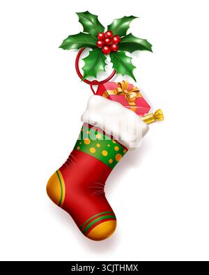 Ein leuchtend roter Weihnachtsstrumpf mit weißem Bündchen, gefüllt mit einem gewickelten Geschenk und Süßigkeiten, verziert mit einem stechpalmenzweig, mit weichem Schatten auf weißem Hintergrund Stock Vektor
