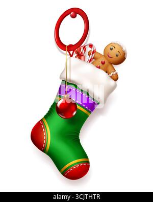 Ein grüner Weihnachtsstrumpf gefüllt mit einem lächelnden Lebkuchenmann, Zuckerrohr und rotem Ornament, mit weichem Schatten auf weißem Hintergrund. Stock Vektor