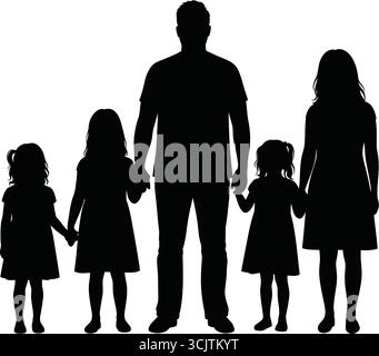 Silhouette einer glücklichen Familie mit Vater, Mutter und drei Töchtern in Händen – Symbol für Zweisamkeit, Elternschaft und Einheit der Familie für Wandkunst Stock Vektor