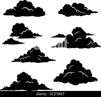 Schwarze Wolken Silhouetten auf weißem Hintergrund, Vektorillustration für Wetter und Design Stock Vektor
