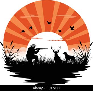 Silhouette eines Jägers mit Gewehr, Hirsch und Jagdhund bei Sonnenuntergang, Natur- und Tierwelt Stock Vektor