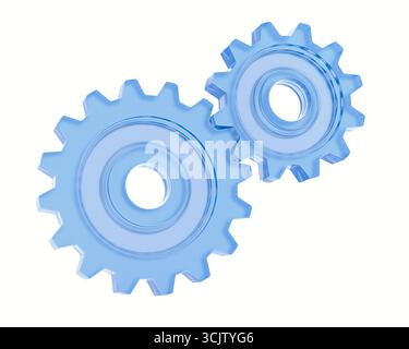 Zahnräder auf weißem Hintergrund. Isolierte 3D-Abbildung Stockfoto