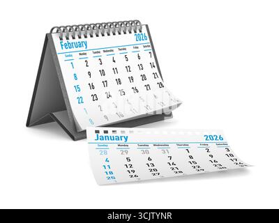 2026 Jahre. Kalender für Februar. Isolierte 3D-Darstellung Stockfoto