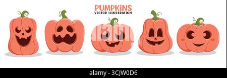 Kürbis Gesichter rosa Clipart Set. Süße und gruselige Kürbisse in der Sammlung fröhlicher, lustiger und gruseliger Gesichter für die Halloween-Feier im Oktober Stock Vektor