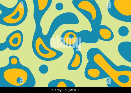 Abstrakte kurvige Form Tapete mit fließenden bunten Formen in Blau und Gelb auf hellgrünem Hintergrund. Modernes organisches Design, perfekt für digitale Kunst, Stock Vektor