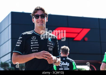 George Russel aus Großbritannien und Mercedes AMG Petronas Formel-1-Team W16 werden beim Formel-1-Rennen 2025 in Italien im Autodromo Nazionale Monza gesehen. Stockfoto
