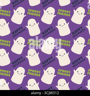 Flaches, nahtloses Halloween-Muster mit niedlichem Geist und gespenstischem Text. Lustiges Design mit Happy Halloween und Spooky Friends Schriftzug für die Saison Stock Vektor