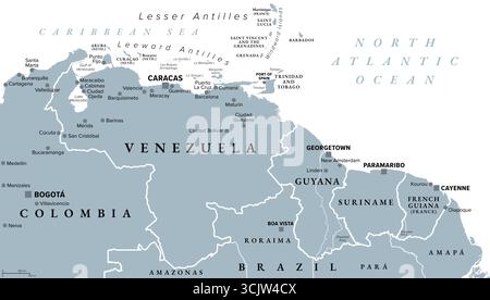 Venezuela und die Guayanas, graue politische Karte. Geografische Region im Nordosten Südamerikas, bestehend aus dem Land Venezuela und Guayanas. Stockfoto