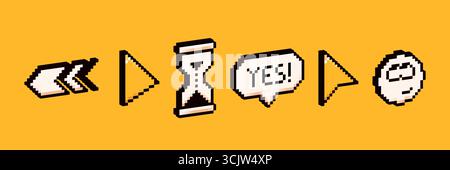 Pixel Y2K 3D-Pfeile, Sprechblase, Sanduhr und Sprechblase. Stock Vektor