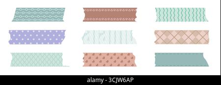 Dekorative Scrapbook Washi Tape Streifen mit Mustern - Kreise, Wellen, Zickzack und Sterne zum Journalisieren oder Basteln. Raster mit diagonalen Linien, Herzen und genähten Kanten für Memory-Bücher. Stock Vektor