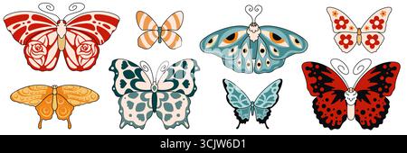 Groovige Schmetterlingskollektion mit Retro-Mustern und bunten Flügeln für Vintage-Naturdesigns. Acht stilisierte Insekten mit dekorativen Motiven. Skurrile fliegende Kreaturen für Drucke, Aufkleber oder Bastelarbeiten. Stock Vektor