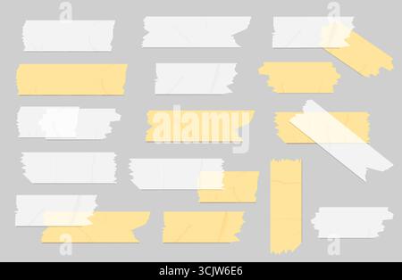 Transparente Bandstreifen mit Papiertexturen mit Überlagerungseffekt für Büro- und Designprojekte. Weiße Klebestücke und gelbe Abdeckelemente in verschiedenen Größen. Mockup-Kollektion für Schreibwaren. Stock Vektor