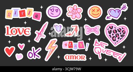 Niedliche Mädchensymbole – y2k-Stickerset. Blumen, lächelnde Gesichter mit gepunktetem Leopardenherz und High-Heel-Schuh für nostalgische Vibes. Blitz- und Pfeilpiercing-Herz, Schleife für trendige Dekoration. Stock Vektor