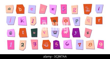 Verspieltes Schneiden von Buchstaben – y2k-Alphabet mit Papierausschnitt. Kleinbuchstaben für kreative Projekte. Abgerissene Kanten mit gemischten Schriftarten, Satzzeichen und geneigten Winkeln für das Scrapbook Stock Vektor