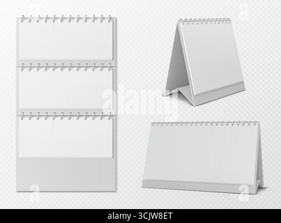 Papierkalender-Mockup mit Spiralbindung für Schreibtisch oder Wanddisplay. Leere weiße Seiten stehen aufrecht und klappen für den monatlichen Zeitplan auf. Bürovorlagen mit verschiedenen Formaten und Metallringen Stock Vektor