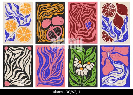 Abstraktes Poster mit groovigen Blättern, Zitrusfrüchten, Granatäpfeln und fließenden botanischen Mustern für Retro-Dekor. Wellige Laubmotive mit Orangen, Gänseblümchen und organischen Formen in leuchtenden Farben. Stock Vektor
