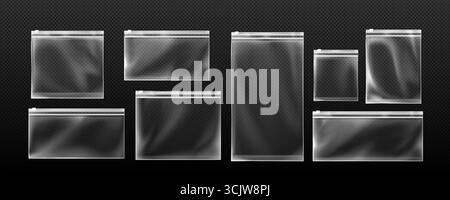 Transparenter Beutel mit Reißverschluss in verschiedenen Größen und weißen Verschlussstreifen zum Organisieren von Gegenständen auf dunklem Hintergrund. Durchsichtige rechteckige Kunststoffbeutel zur Aufbewahrung oder Verpackung mit wiederverschließbaren Verschlüssen. Stock Vektor