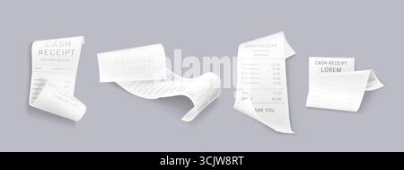 Papierstreifen mit gedrucktem Text und Zahlen auf grauem Hintergrund für Einzelhandelstransaktionen. Weiße Zahlungsbelege mit Preisen und Steuern für Shopping- oder Buchhaltungsmodelle. Stock Vektor
