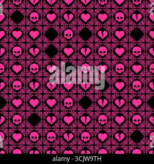 Nahtloses Muster mit Schädeln, Ornamenten und gebrochenen Herzen, symbolisiert gotische Romantik, Tragödie, und dunkles Design. Stock Vektor