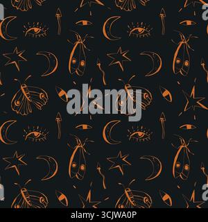 Von Halloween inspiriertes nahtloses mystisches Muster mit Mottensternen, Monden und Augen auf dunklem Hintergrund magisches Design für Stoff und Verpackung Stock Vektor