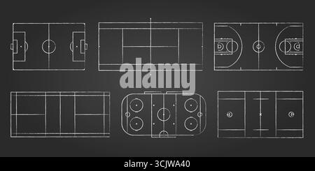Eine Auswahl von 6 Sportfeldern, darunter Fußball, Tennis, Hockey, Basketball, Lacrosse und Badminton. Realistische Stadion- und Spielraumgestaltung für Stock Vektor
