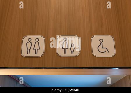 Quadratische Schilder für Toiletten und Barrierefreiheit mit blauen Symbolen auf weißem Hintergrund, an einer Holzwand montiert, die Unisex, Familie und Rollstuhl-gemäß anzeigen Stockfoto