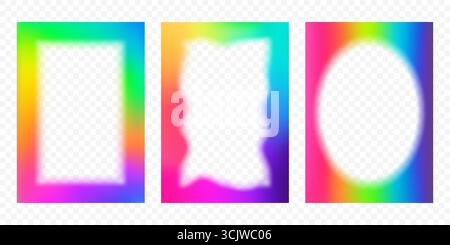 Verlaufsrahmen mit verschwommenen Rändern. Abstrakte Regenbogenvektordesigns. Niedliche, leuchtende Neonschablonen. Moderner mädchenhafter minimaler rechteckiger Hintergrund Stock Vektor