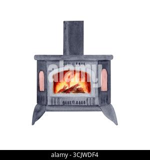 Gemütlicher Holzofen mit hellen Flammen im Inneren Aquarellillustration isoliert auf weiß. Perfekt für Winterpostkarten, Urlaubseinladungen, zu Hause Stockfoto