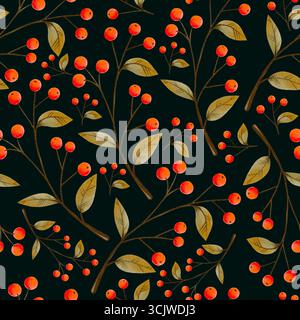 Nahtloses Aquarellmuster mit Herbstblättern mit Beeren. Dekorativer Hintergrund im Walddesign. Stockfoto