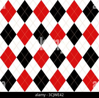 Nahtloses Harlequin-Muster in Rot und Schwarz. Klassisches Argyle-Design mit Textur. Diamantraute einfacher Hintergrund mit goldener Linie. Joker venetian Stock Vektor