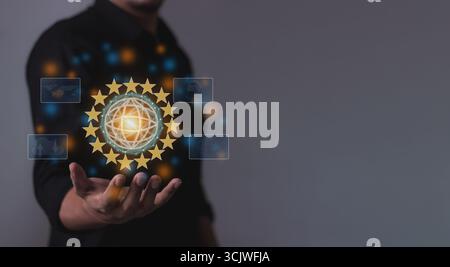 Junger Mann hält Hand an Interconnect, Verbundkonzept; Menschen verbinden sich über drahtloses Internet in einer Welt der digitalen Technologie und Kommunikation Stockfoto