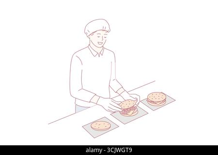 Kochen Burger und Junk Food Café Konzept. Junge lächelnde Mann Koch in Uniform und Schürze Cartoon-Figur stehen und Kochen Cheeseburger in Restaurant Küche Vektor-Illustration Stock Vektor