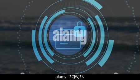 Zeigt die Sicherheitsschnittstelle über Meereswellen mit Kartensymbol, Vorhängeschloss, HUD-Kreisen und Binärcode Stockfoto