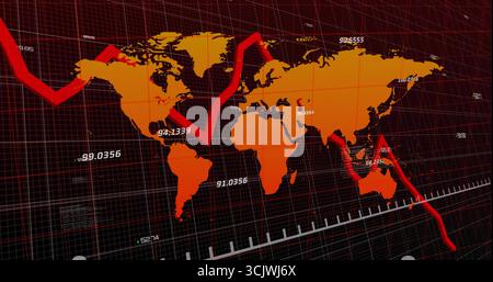 Anzeige der orangefarbenen Weltkarte mit absteigendem Trend auf dunklem Raster mit roter abnehmender Trendlinie und Beschriftungen Stockfoto