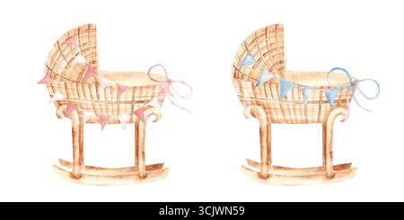 Wasserfarben Babywiege Set für ein Mädchen und einen Jungen aus Rattan mit blauen und rosa Flaggen der Bunting Party, Garland im Vintage-Stil isoliert auf einem weiß Stockfoto