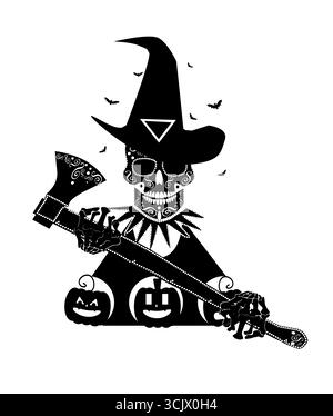 Halloween Schädelhexe mit Axt. Eine schwarz-weiße Illustration zeigt einen stilisierten Schädel mit Hexenhut und einem Dreiecksymbol. Stockfoto