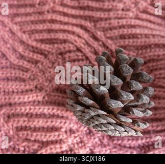 Textur eines Strickpullovers in staubrosa mit Kiefernzapfen Stockfoto