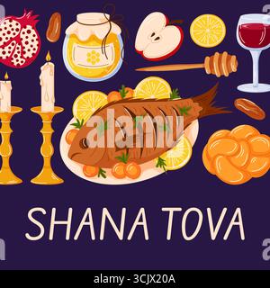 Shana Tova Grußkarte mit traditionellem Rosch-Hashanah-Feiertagssymbol, Fisch, Challah-Brot, Honig, Kerze, kiddush-Wein, Obst in flachem Stil. Stock Vektor