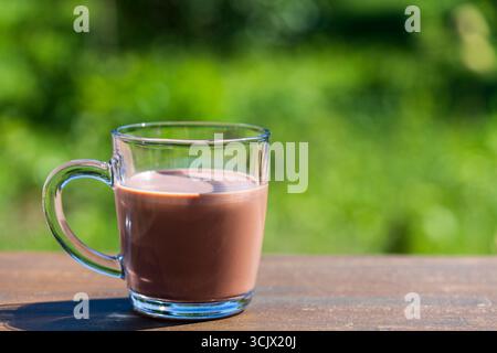 Indischer Masala Chai oder Tee oder Kakao im Glas auf dem Tisch im Café auf Naturhintergrund, Nahaufnahme, Kopierraum. Trendiges gesundes Getränk Stockfoto