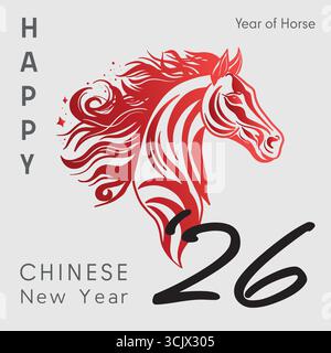 Designvorlage für festliche Illustrationen, Grußkarten und Banner. Chinesisches Neujahr 2026 Jahr des Pferdes. Goldenes und rotes Feuer. Minimalistisch Stock Vektor