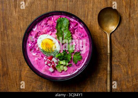 Kalte Rübensuppe, traditionelle ukrainische Gerichte mit Roter Bete, Gurke, Radieschen, gekochten Eiern und Sauerrahm. Köstliche kalte Rote-Bete-Suppe im Sommer Stockfoto