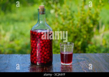 Glasflasche und facettiertes Glas mit hausgemachtem Rotschirschwein oder Brandy auf Holztisch in der Nähe des Sommergartens an sonnigem Tag, Nahaufnahme. Köstlicher Alkohol Stockfoto